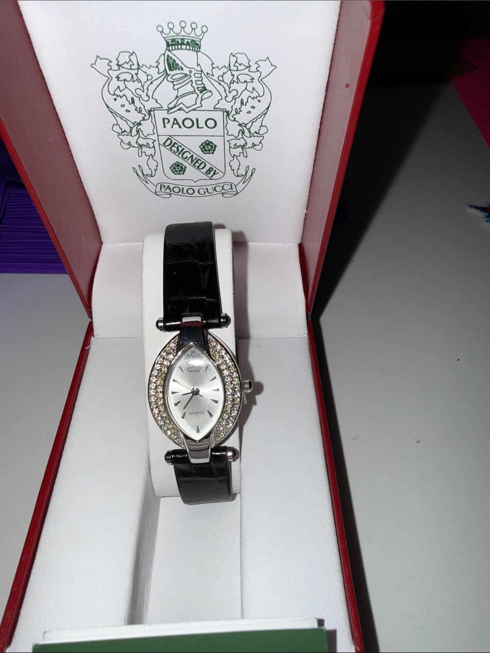 Paolo Gucci Women's Black Leather Strap Watch with Crystal Accents